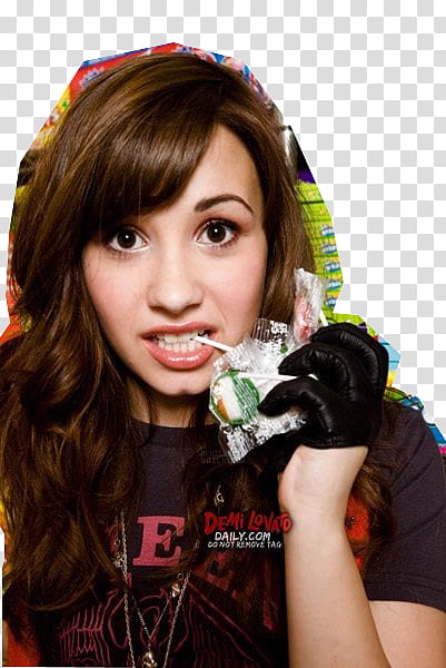 Demi Lovato, girl with lollipop wearing black gloves transparent background PNG clipart