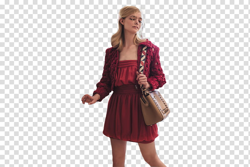 Elle Fanning, woman in red dress standing while holding bag transparent background PNG clipart