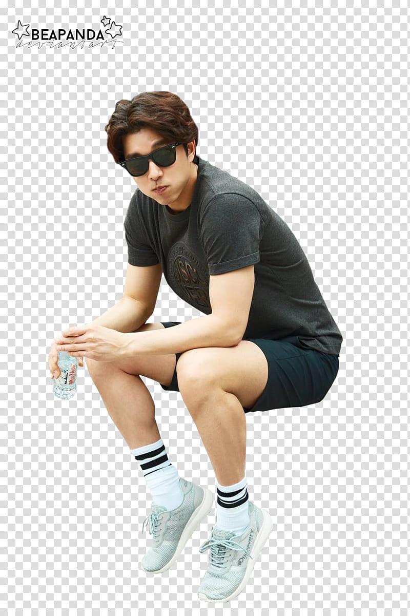 Gong Yoo, man sitting while holding clear glass cup transparent background PNG clipart