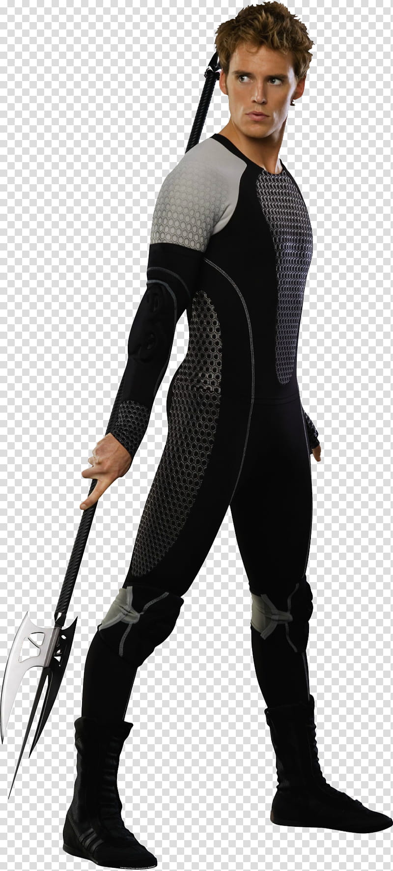 Finnick Odair Catching Fire, man wearing black and white wetsuit holding weaponm transparent background PNG clipart