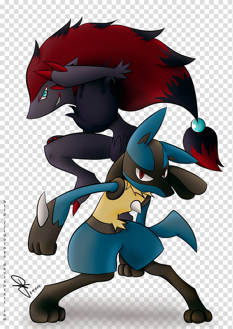 Lucario and Zoroark, two purple, red, and blue Pokemon characters illustration transparent background PNG clipart