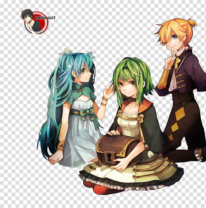 Miku Gumi Len vocaloid render , three female anime characters with different hair color transparent background PNG clipart