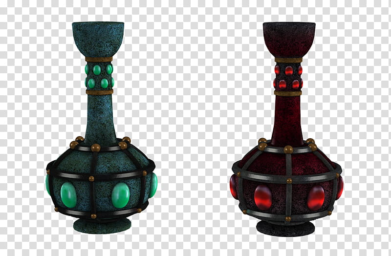UNRESTRICTED Fantasy flasks bottles, green and red vases transparent background PNG clipart