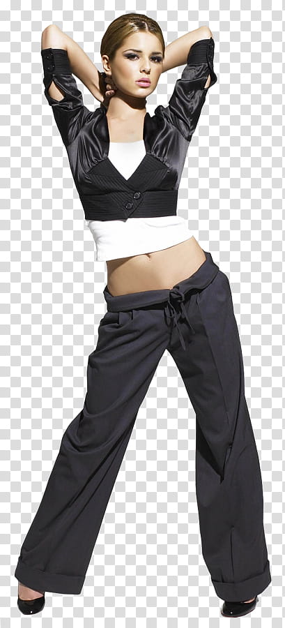 Cheryl Cole wearing black long-sleeved shirt and pants standing while touching her head transparent background PNG clipart