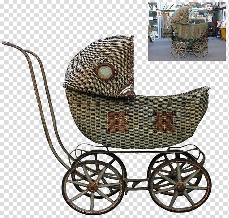 Antique Pram updated, gray and brown wicker stroller transparent background PNG clipart
