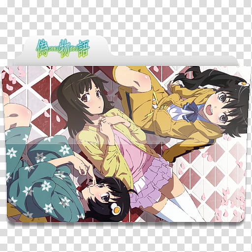 Anime Request folder icons, Nisemonogatari, three black haired female anime characters folder icon transparent background PNG clipart