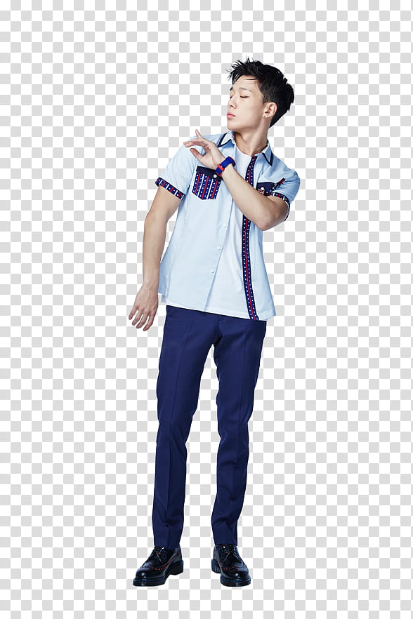iKON Smart P, man wearing blue button-up t-shirt and pants transparent background PNG clipart