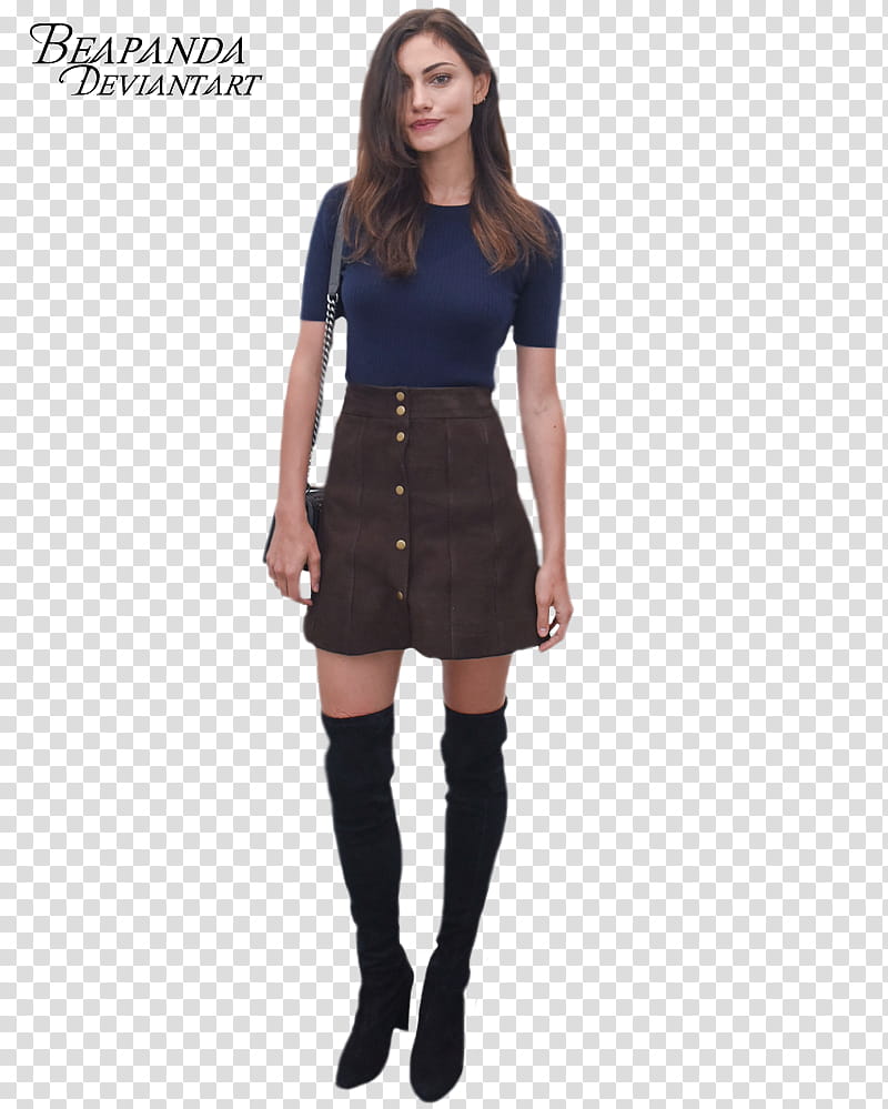 Phoebe Tonkin, standing woman wearing blue short-sleeved shirt and gray skirt transparent background PNG clipart