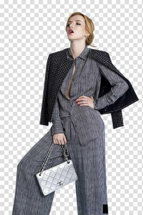 Bella Thorne, woman wearing gray dress shirt and pants holding quilted gray leather Chanel handbag transparent background PNG clipart