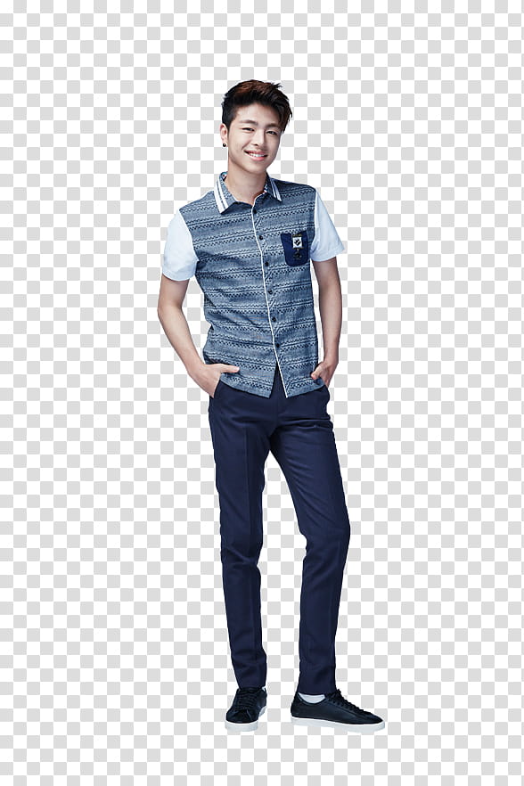 iKON Smart P, man in blue and white shirt and blue pants outfit transparent background PNG clipart