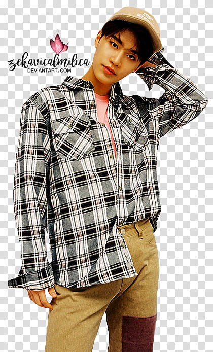 NCT  Touch, man wearing white, black, and gray plaid sport shirt holding his back head transparent background PNG clipart