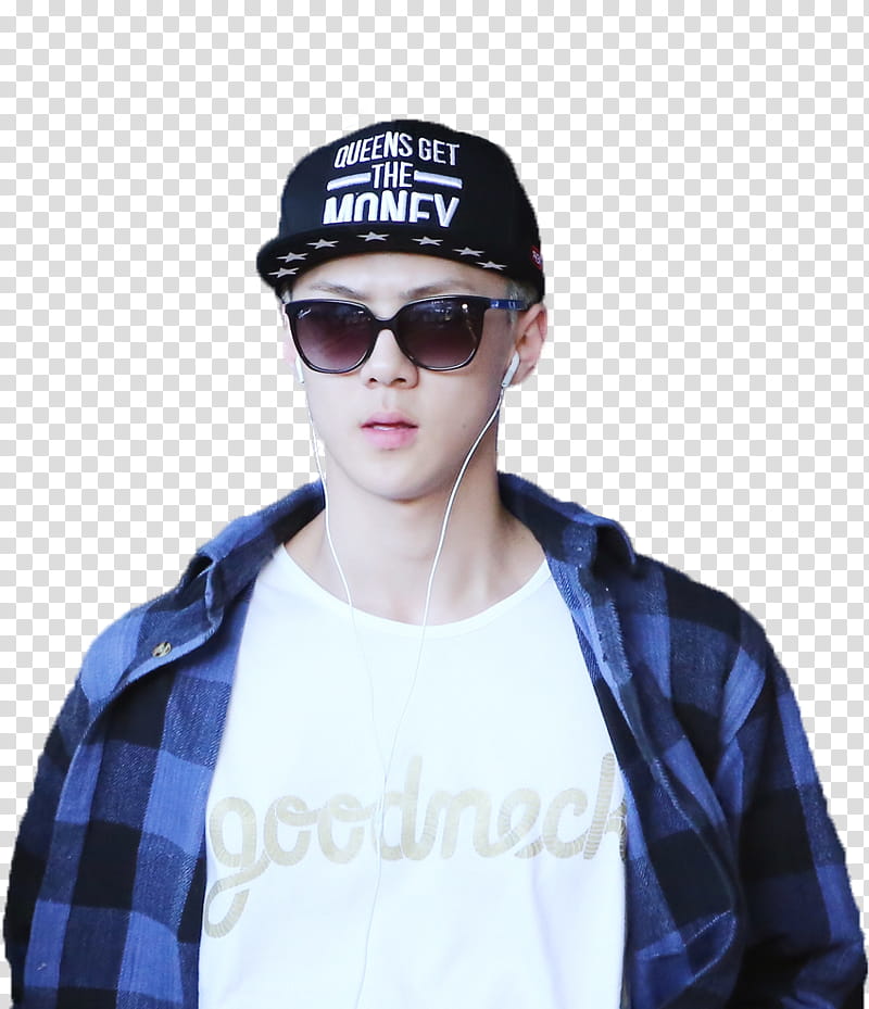Sehun EXO, man wearing black lens sunglasses and black cap transparent background PNG clipart