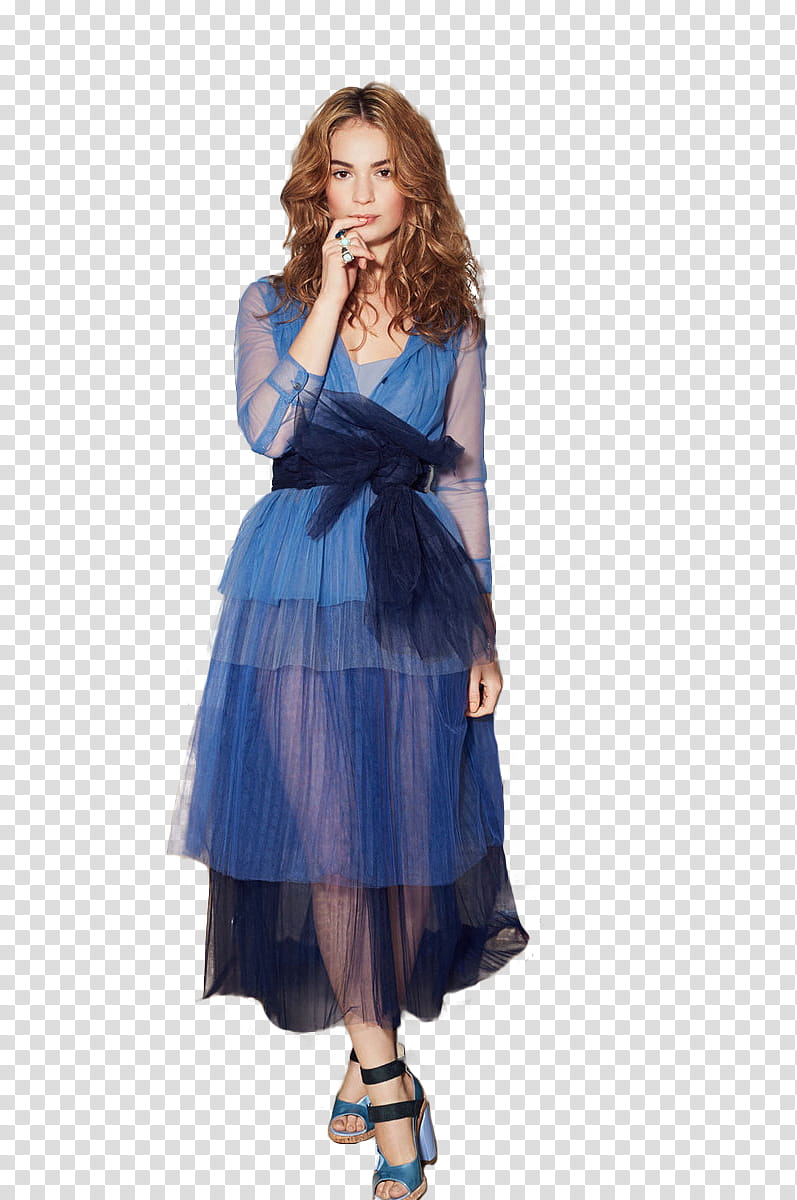 Lily James, woman wearing blue dress transparent background PNG clipart