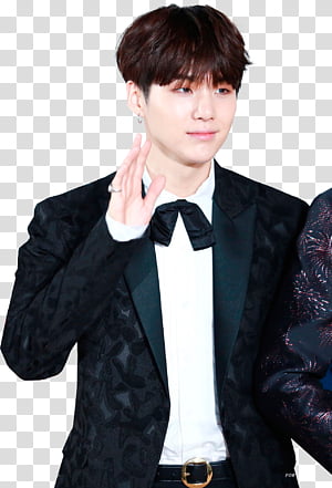 Suga BTS, man wearing black peaked lapel suit jacket transparent background PNG clipart thumbnail