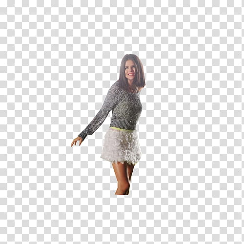 Selena Gomez, woman wearing grey sweater and white miniskirt transparent background PNG clipart