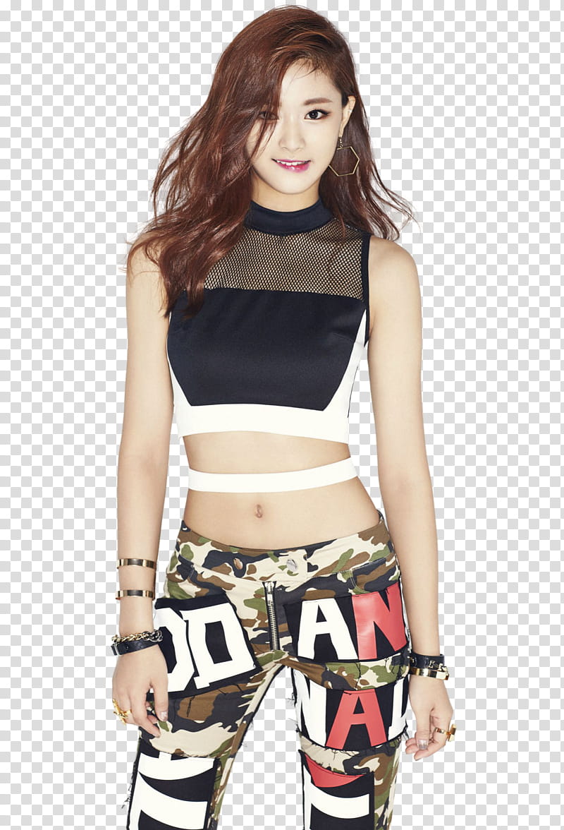 Twice OOH AHH teaser , woman in black and white top and multicolored pants smiling transparent background PNG clipart