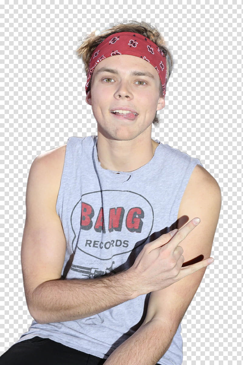 ASHTON IRWIN, man in gray tank top doing fork hand sign transparent background PNG clipart