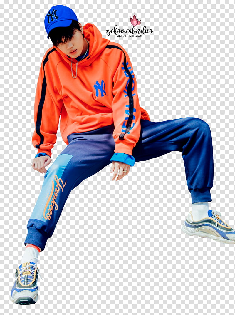 EXO Kai MLB, man wearing orange New York Yankees hoodie transparent background PNG clipart