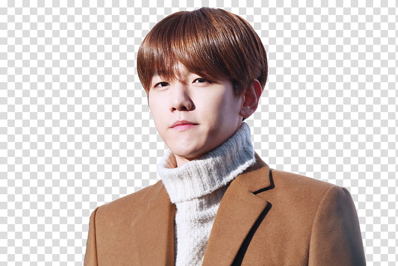 Baekhyun EXO, man wearing white turtleneck sweater and brown blazer transparent background PNG clipart