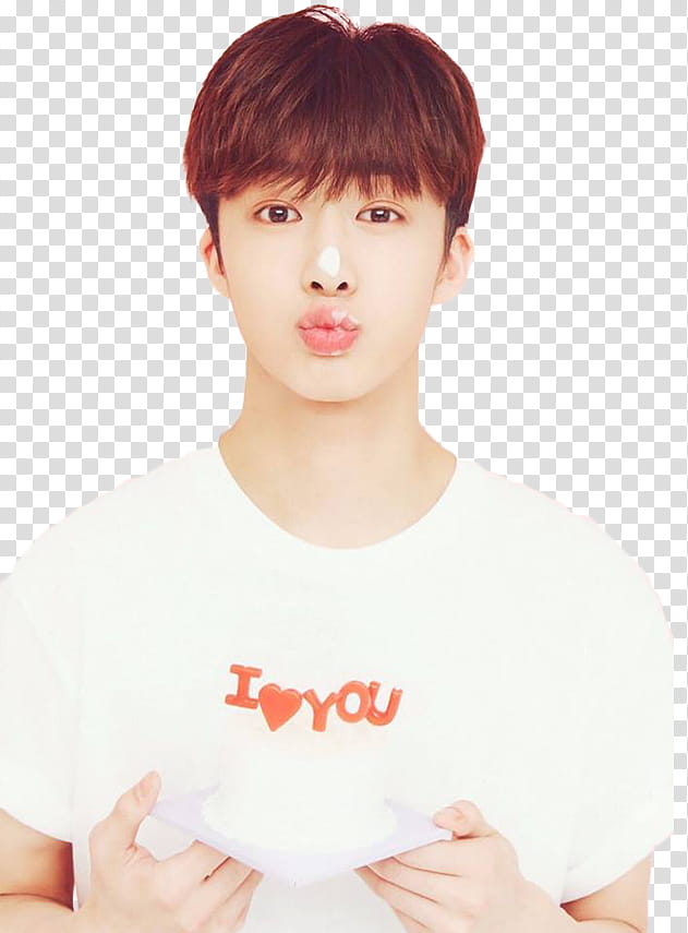 Hyungwon for Monbebe World, man wearing white T-shirt pouting lips transparent background PNG clipart