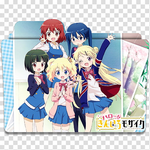 Anime Icon , Hello! Kin-iro Mosaic v, five standing female anime characters transparent background PNG clipart