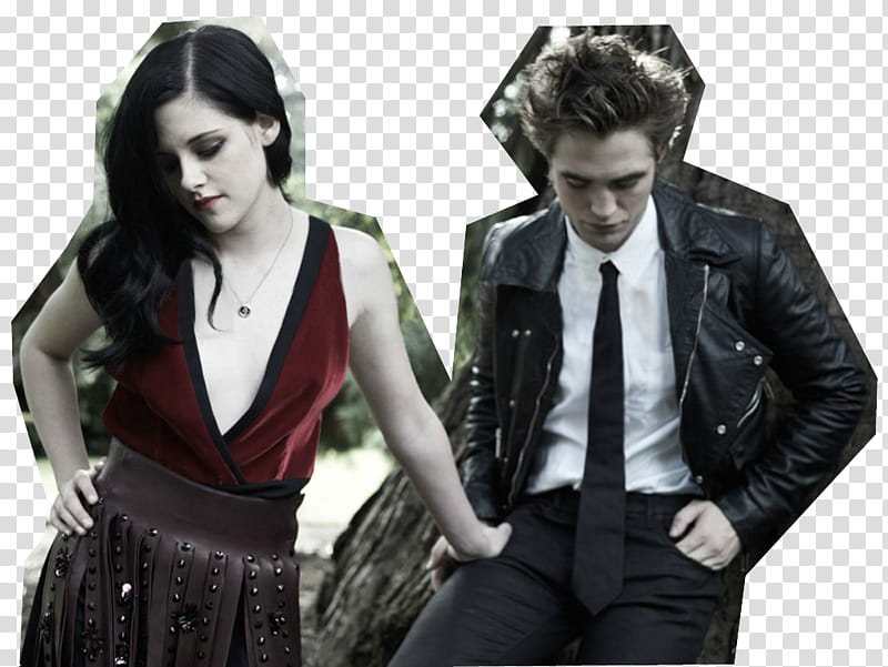 Kristen Stewart looking downwards with right arm akimbo and left hand on Robert Pattinson's thigh transparent background PNG clipart