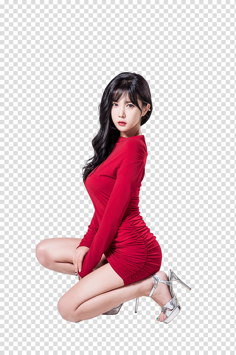 HEO YOON MI, woman wearing red long-sleeved dress kneeling transparent background PNG clipart