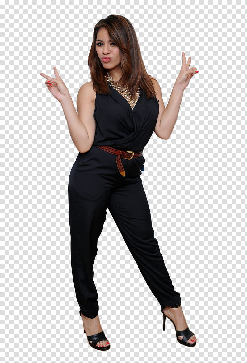 Fifth Harmony, woman wearing black jumpsuit doing peace hand sign transparent background PNG clipart