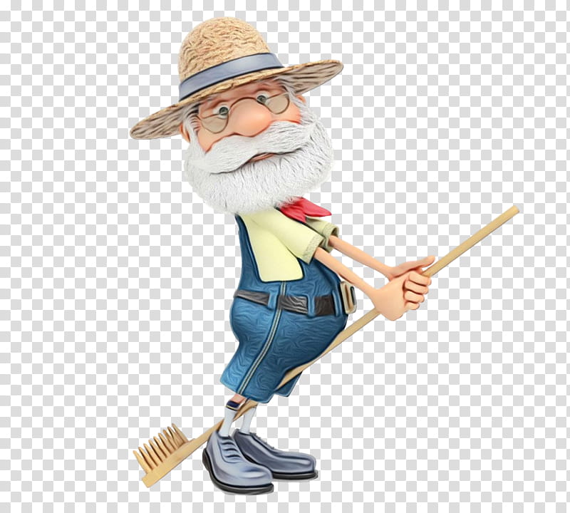 cartoon figurine toy broom, Farmer, Cartoon, Old Man, Watercolor, Paint, Wet Ink transparent background PNG clipart