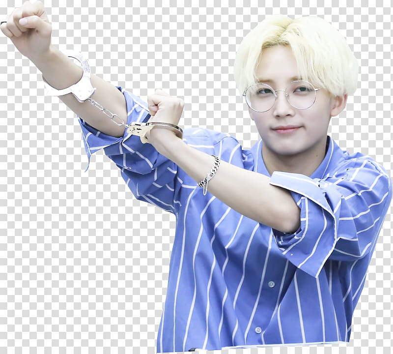 Jeonghan Seventeen, man in blue and white striped top with handcuffs transparent background PNG clipart
