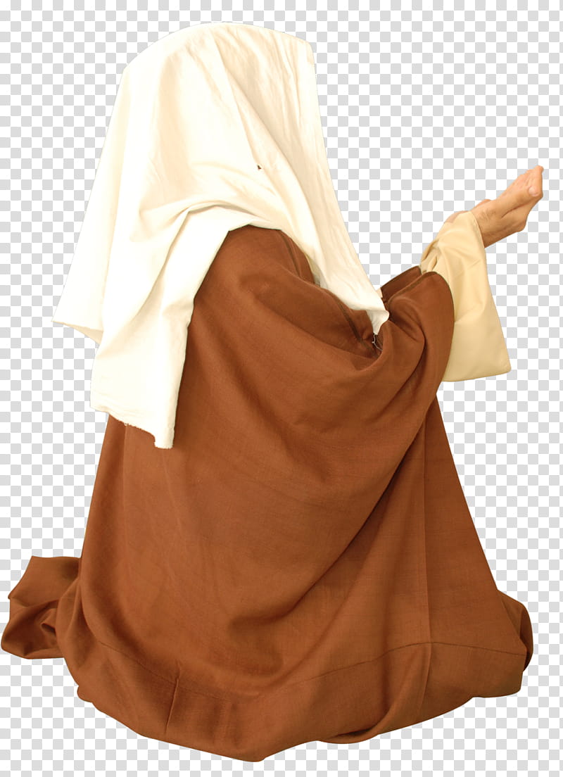 Arab old style clothes , person wearing brown and white abaya dress kneeling down while raising hand transparent background PNG clipart