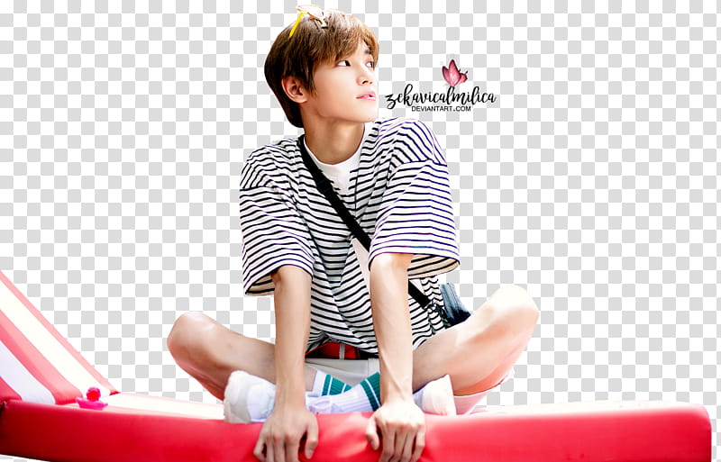 NCT Taeyong Summer Vacation, women's black and white striped crew-neck shirt transparent background PNG clipart