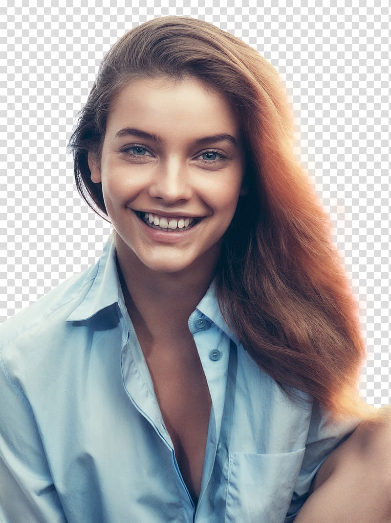 Barbara Palvin, smiling woman in blue collared top transparent background PNG clipart