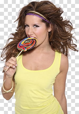 woman in yellow tank holding lollipop transparent background PNG clipart