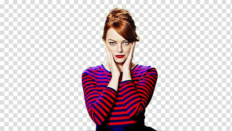 Emma Stone O, woman pink and black stripe crew-neck sweat shirt transparent background PNG clipart