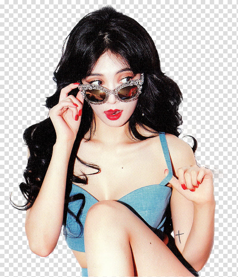 HyunAh Render, woman wearing sunglasses and blue crop top transparent background PNG clipart