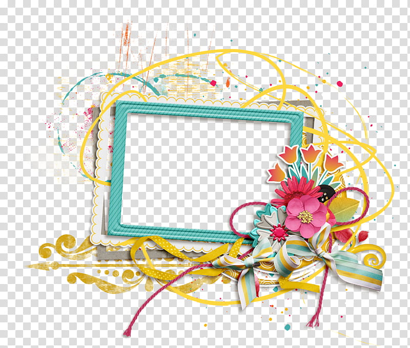 Blue Flower Frame, Green, Bluegreen, Teal, Yellow, Color, Floral Design, White transparent background PNG clipart