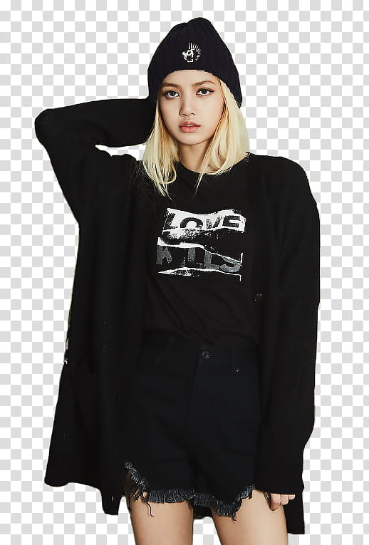 BLACKPINK Lisa nonagon, woman wearing black jacket standing transparent background PNG clipart