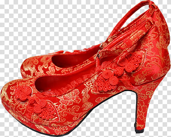 Red Shoes, pair of red-and-gray floral ankle-strap platform pumps transparent background PNG clipart