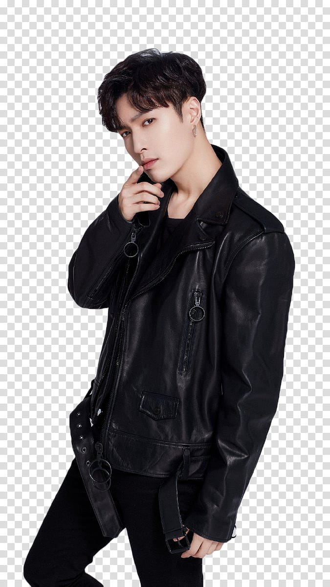 LAY EXO, standing man wearing black leather jacket transparent background PNG clipart