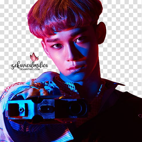 EXO Chen The Power Of Music, man wearing black and white top holding black gun transparent background PNG clipart