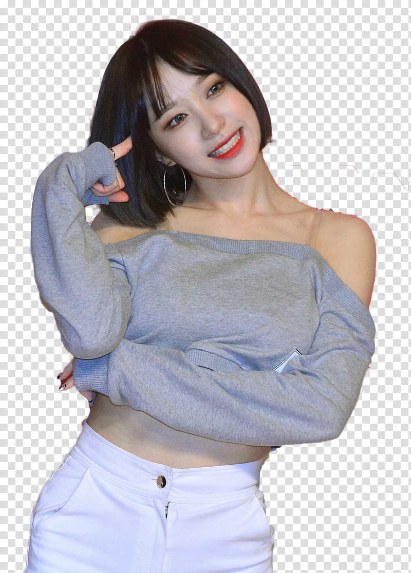 CHENGXIAO WJSN HANI EXID JUNGKOOK V BTS, woman wearing gray off-shoulder long-sleeved crop top transparent background PNG clipart
