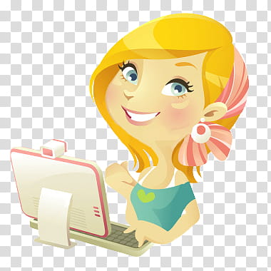 yellow haired woman using computer transparent background PNG clipart