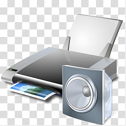 Vista RTM WOW Icon , Printer and Sound, gray printer and speaker art transparent background PNG clipart