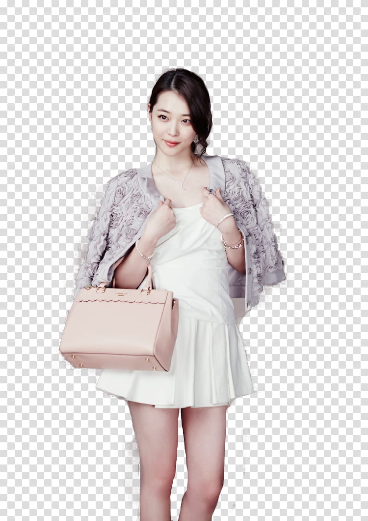 Sulli Fx, woman wearing gray and white coat transparent background PNG clipart