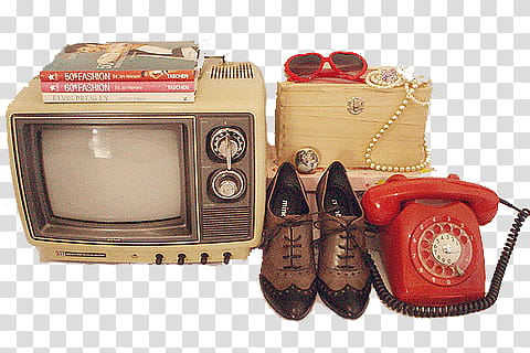 Many, vintage gray CRT TV beside brown wingtip lace-up shoes transparent background PNG clipart