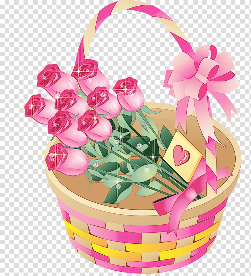 pink flowerpot flower gift basket basket, Watercolor, Paint, Wet Ink, Plant, Present, Flower Girl Basket, Hamper transparent background PNG clipart