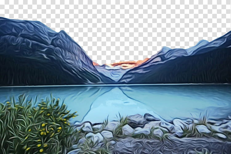 natural landscape nature water mountain water resources, Watercolor, Paint, Wet Ink, Mountainous Landforms, Sky, Glacial Lake, Mountain Range transparent background PNG clipart