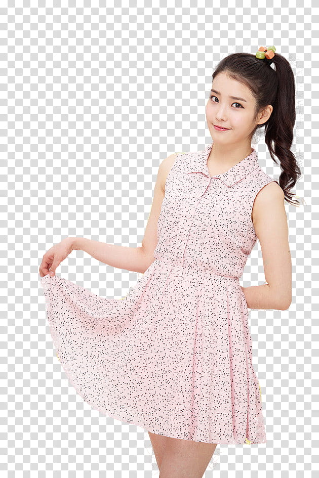 IU, smiling woman wearing pink and white floral sleeveless dress transparent background PNG clipart