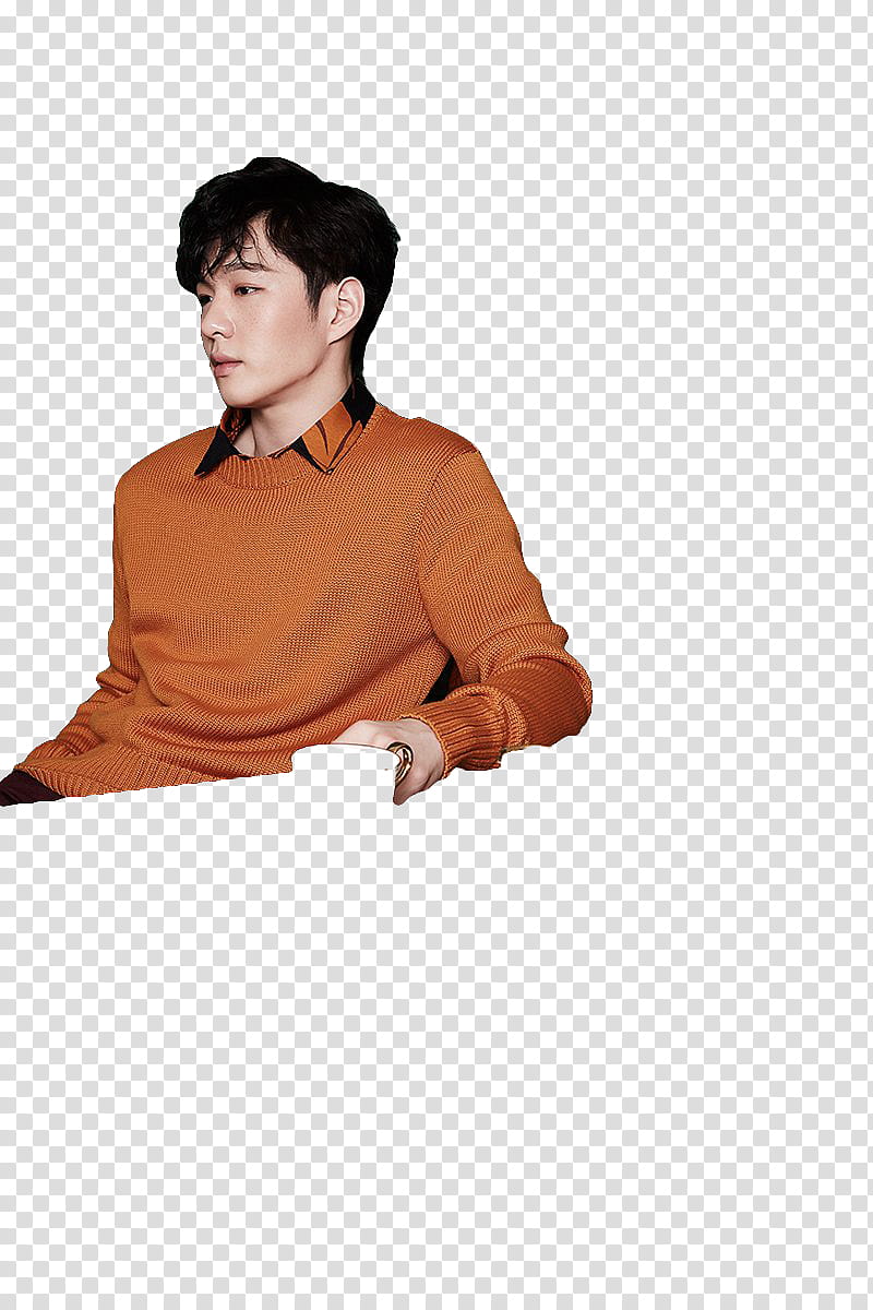 BTOB Feel eM, man wearing orange knit sweater transparent background PNG clipart